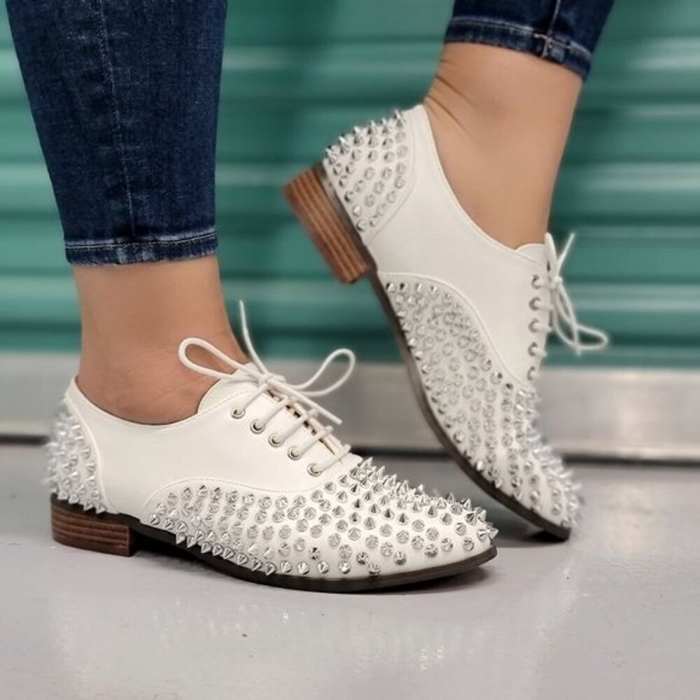 Women's White Silver Studded Lace Up Flat Oxford Shoes